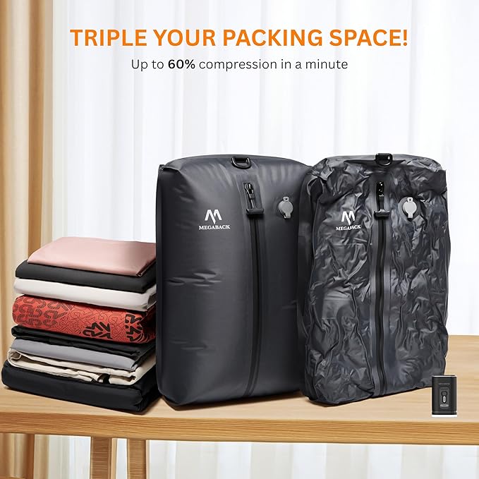 Vacuum Bags for Travel, IP67 Reusable Vacuum Seal Bags for Clothing with Electric Pump, Vacuum Seal Packing cube for Suitcases, Backpack & Travel (2PC+Pump)