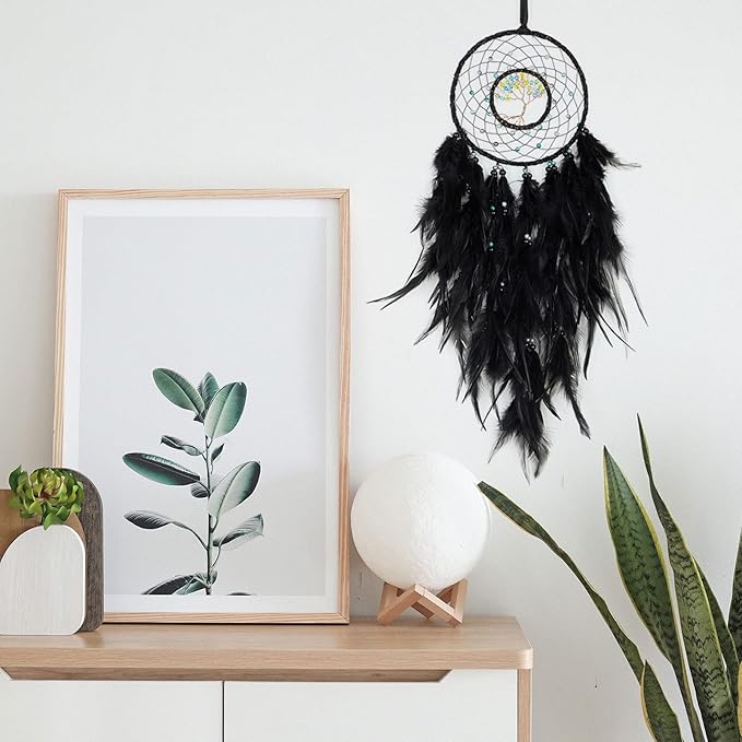 Dreamlike Black Tree of Life Dream Catcher Wall Decor with Healing Crystal Stone Handmade Feather Dream Catchers Decoration Wall Hanging for Girls Bedroom Living Room Wedding Party Home Décor