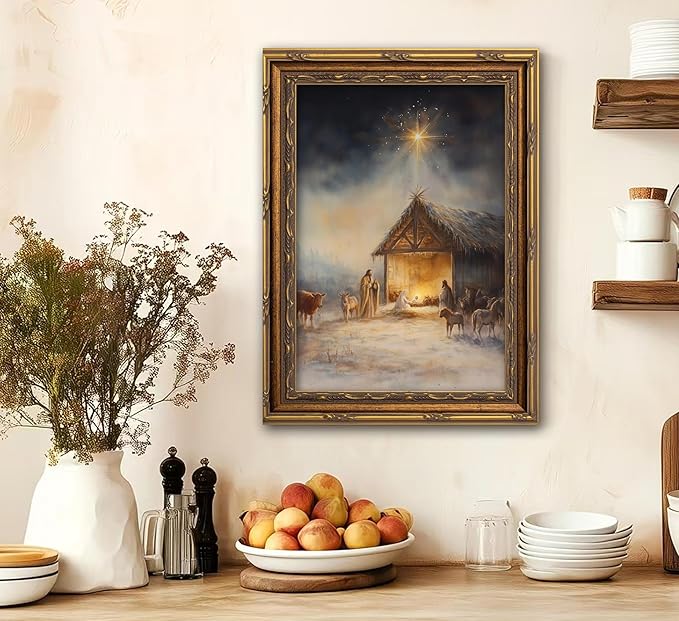 Vintage Nativity Scene Gold Framed Wall Art Birth of Jesus Christmas Christian Painting Canvas Prints Mary Joseph Holy Family Picture Star of Bethlehem Poster Artwork for Church Prayer Room, 9x11in
