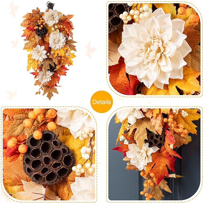 Glitzhome 2 Pcs Fall Teardrop Swags for Front Door, 28''H Autumn Swag with Lotus, Lotus Pod and Berry, Fall Swags for Front Door, Thanksgiving Harvest Festivals Decor