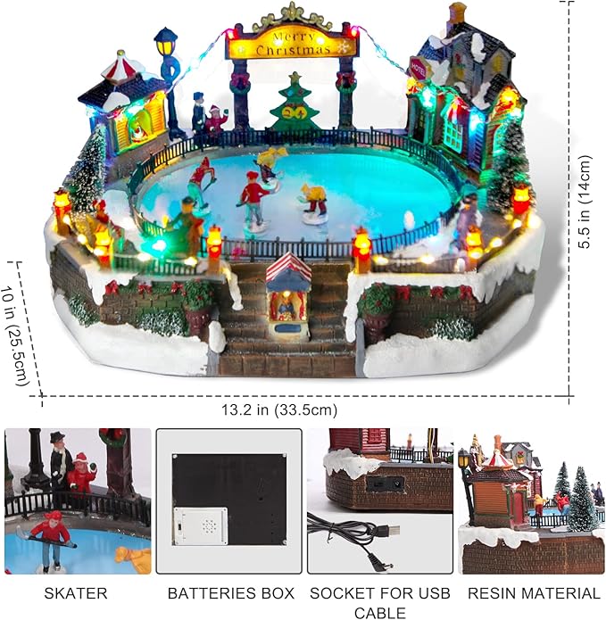 Christmas Village House Figurines Christmas Decor Estatua de la cabaña del Pueblo navideño Christmas Home Decoration Snow Globe Display Skating Pond Animated Multicolor Lighted with 8 Music X-Large