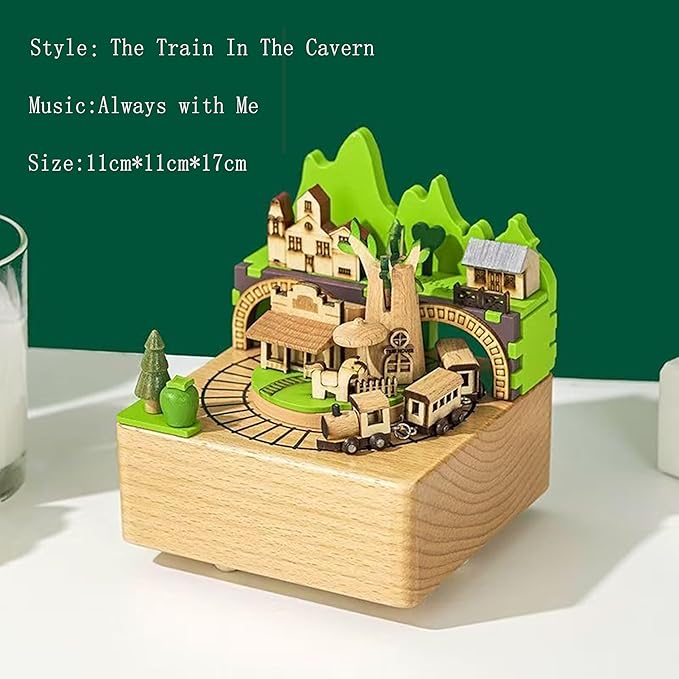 Natural Solid Wood Handcrafted Beech Wooden, Musical FigureTotoro/Carousel/Fairy/Ballerina Figurine,Rotating Hand Crank Mechanism Music Box,Musical Decorations (The Train in the Cavern)