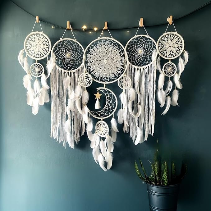 5 Pack Bohemian Ornaments,Dreamcatcher Gift Boho Native American Decor, Handmade Dreamcatcher for Girls, Boys, Adults, Kids Room,Witchy Gifts (White)