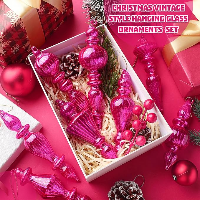 Mifoci 8 Pcs 6 Inch Mercury Glass Finial Christmas Ornaments Hanging Christmas Finials Glass Ornaments Assorted Mercury Decor for Vintage Holiday Xmas Tree Decoration (Hot Pink)