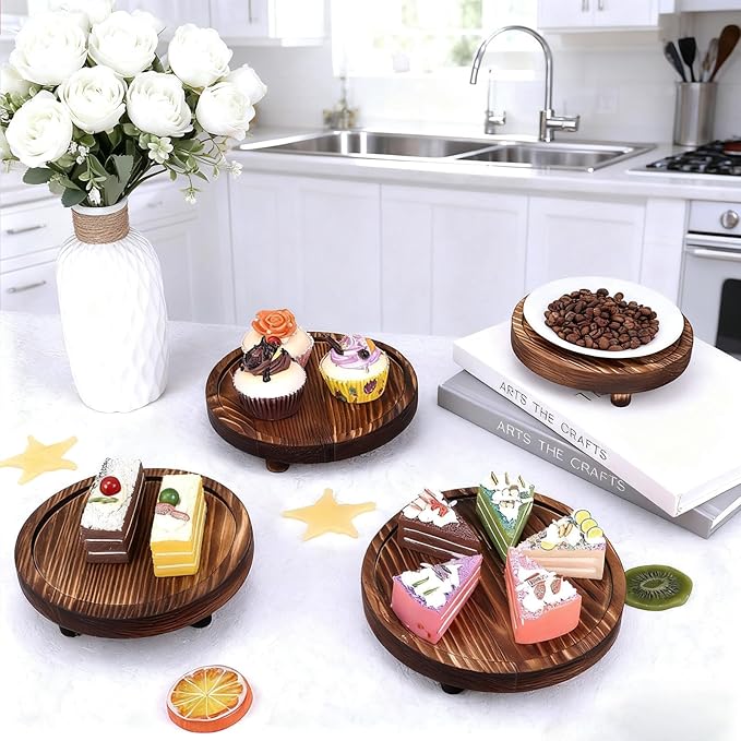 HOMIEE 4PCS Wooden Risers for Display 8/7/6/5 Inch Wood Pedestal Stand Mini Tray Stand Rustic Riser for Decor Home Kitchen Tiered Tray (Brown)