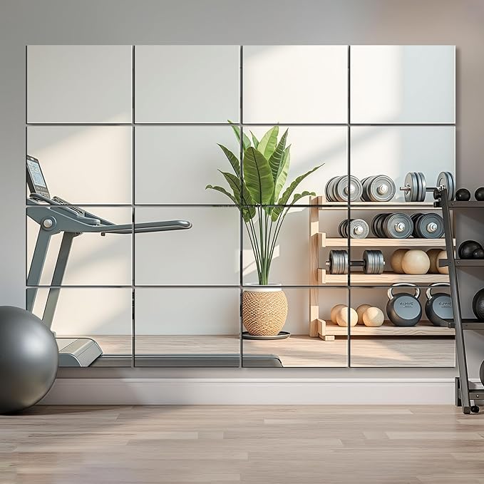 Delma Home Gym Mirror Tiles, Large Square Workout Mirrors (16x12'', 16-Piece), Full Body Wall Mirror for Garage, Bedroom, Bathroom