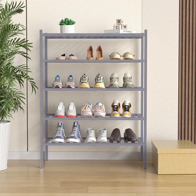 5 Tier Bamboo Shoe Rack for Closet Free Standing Wood Shoe Shelf for Entryway Small Space Stackable 27"x11"x33" (Grey)