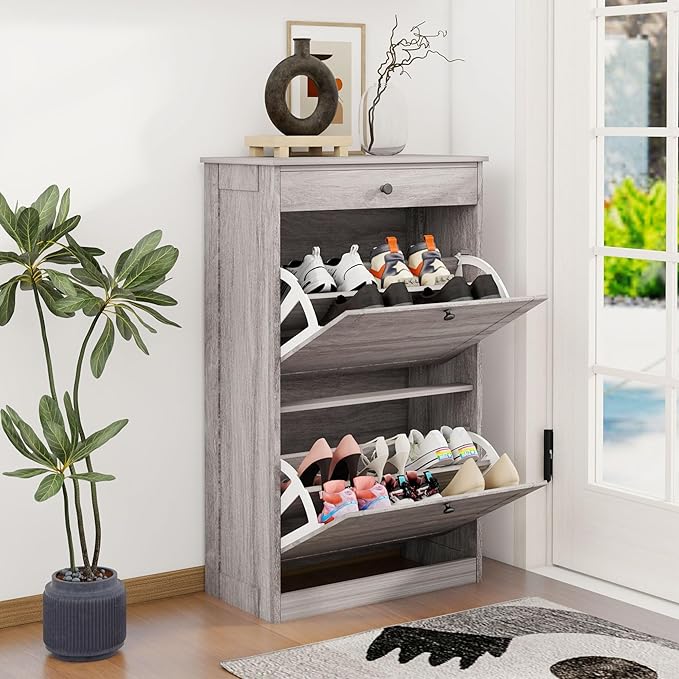 Shoe Storage Cabinet with 2 Flip Drawers, Narrow Freestanding Hidden Shoe Rack Cabinet, Pet-Proof Shoe Organizer for Closet, Entryway, Hallway, Wash Grey