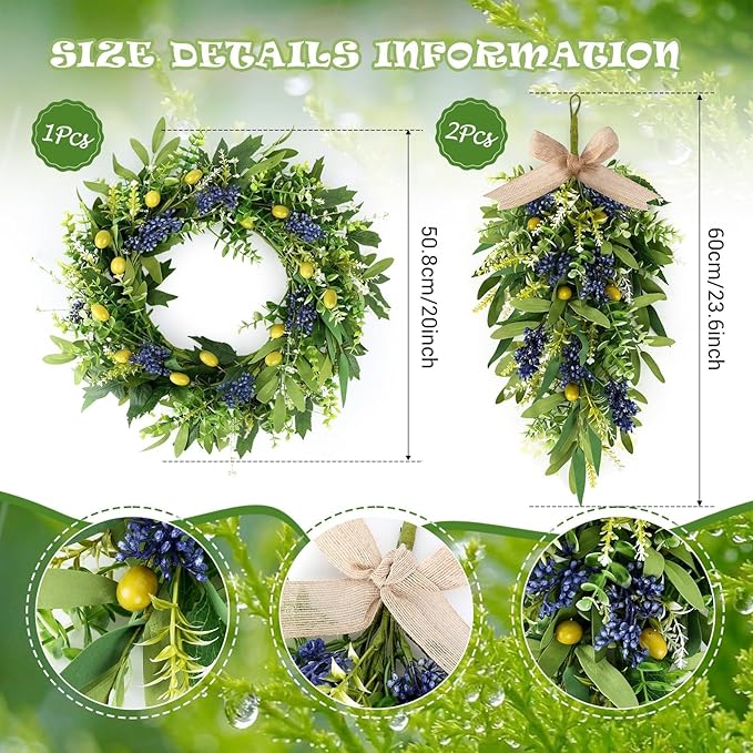3 PCS Artificial Green Eucalyptus Olives Wreaths for Front Door Spring Summer Greenery Teardrop Swag with Eucalyptus Leaves Boxwood Mixed Berry for Indoor Outdoor Farmhouse Home Festival Wedding Decor