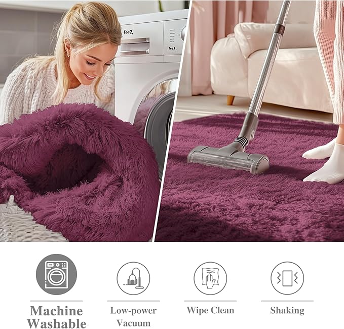 OLANLY Burgundy Round Rugs for Bedroom - Machine Washable, 7 ft Circle Area Rugs for Living Room, Soft and Fluffy Shaggy Carpet for Teen Girls and Boys, Nursery Rooms, Dorms, Home Decor Aesthetic