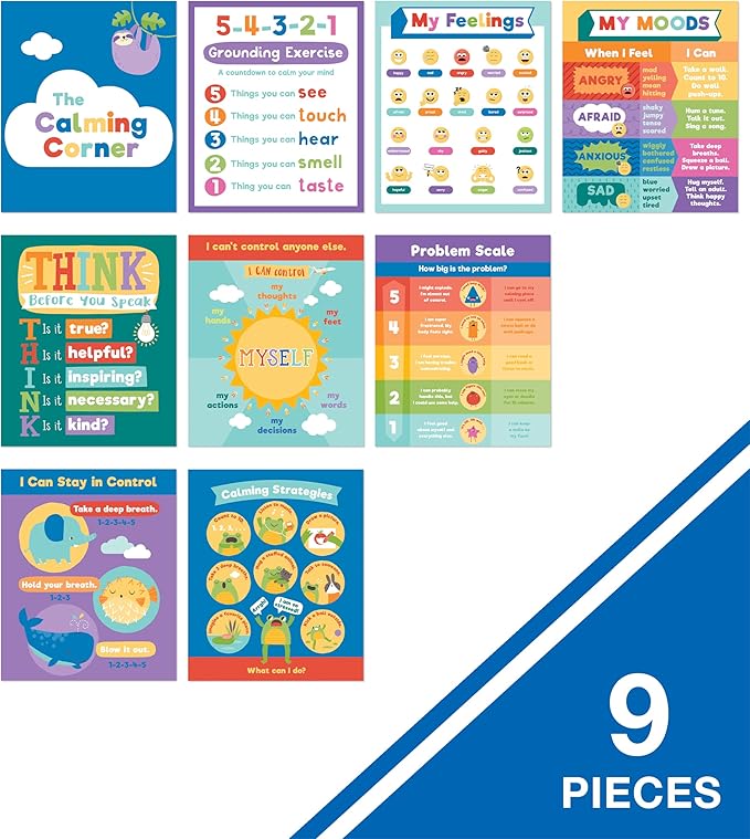 Carson Dellosa 9-Piece Calm Down Corner Posters, 16" x 13" Social Emotional Learning Wall Art for Growth Mindset, Bulletin Board, Circle Time Learning Center, and Classroom Decor