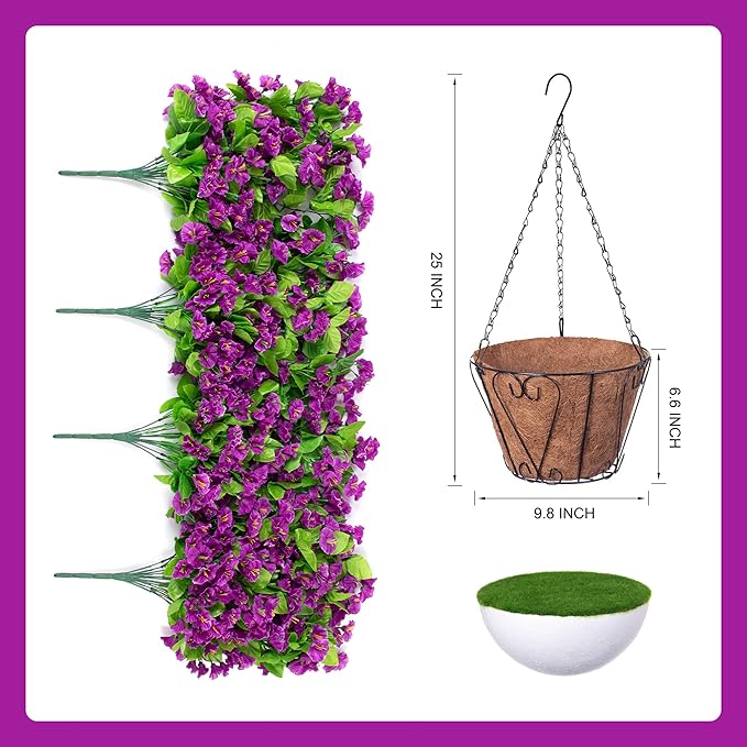 Artificial Faux Hanging Flowers Basket for Spring Summer Outdoor Porch Decor, Fake Silk Colorful Morning Glory Eucalyptus in Planter UV Resistant Look Real for Home Balcony Yard(Darkorchid)