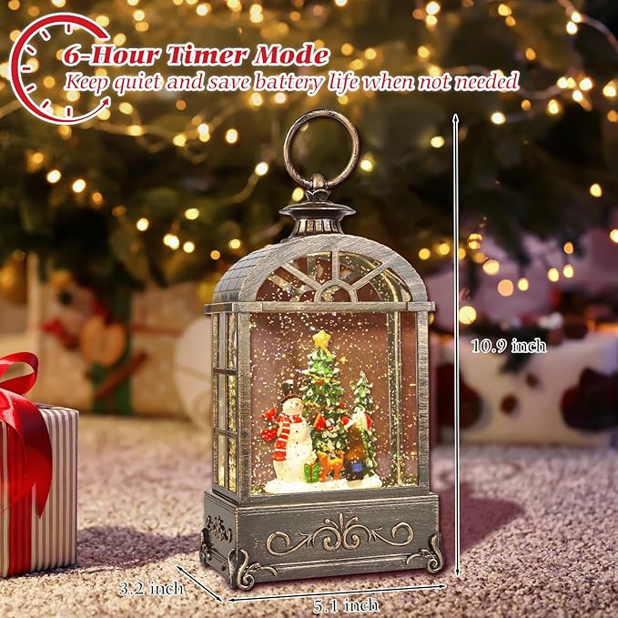 Christmas Snow Globe Lantern, Lighted Swirling Glitter Christmas Lanterns,with 6 Hour Timer Musical Snow Globes, Battery Or USB Powered, Snowman Snow Globe Gifts for Kids, Indoor Christmas Decorations