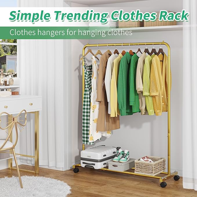 Simple Trending Standard Clothes Clothing Garment Rack with Storage Shelves, Rolling Clothes Organizer on Wheels for Hanging Clothes, Gold