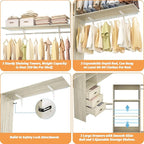 Armocity 120 Inches Closet System, 10FT Walk In Closet Organizer with 3 Shelving Towers, Heavy Duty Clothes Rack with 3 Drawers, Built-In Garment Rack, 120" L x 16" W x 75" H, Load 1300 LBS, White Oak