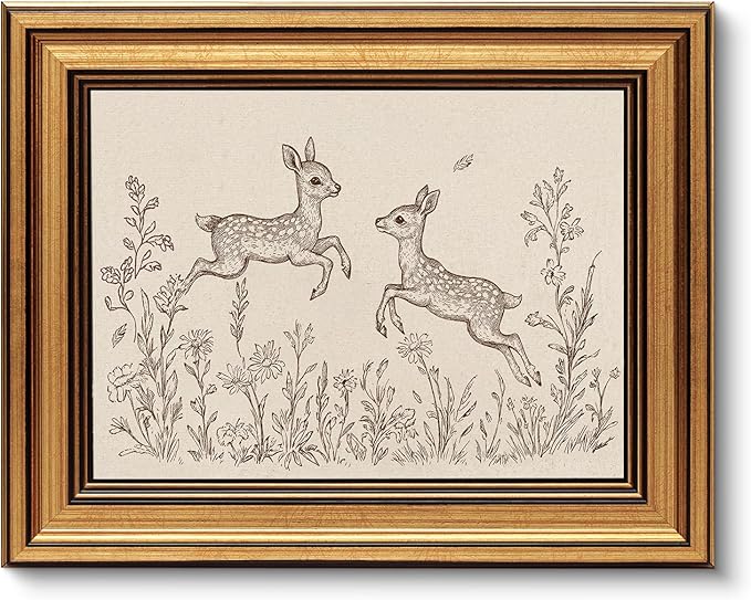 VIYYIEA Vintage Gold Framed Wall Art for Living Room, Sika Deer Canvas Prints Home Decor, Sketch Painting Picture, Bedroom Wall Decor Gifts for Friends or Family -【Sika Deer】-(10L x 8W)