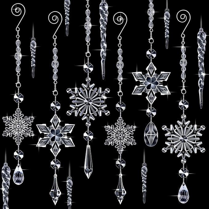 Giegxin 32 Pcs Crystal Christmas Ornaments Crystal Hanging Snowflakes Acrylic Xmas Tree Icicle Drop Decorations with Hooks for Christmas Snow Party Winter(Transparent)
