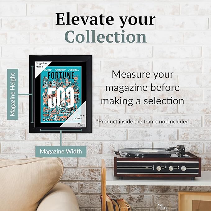 Creative Picture Frames 11.25 x 14 Magazine Frame with Full-Strength Glass, Holds Up To A 1/4" Thick Media with Installed Hangers for Easy Mounting, 12x15 Black Frame with Black Mat