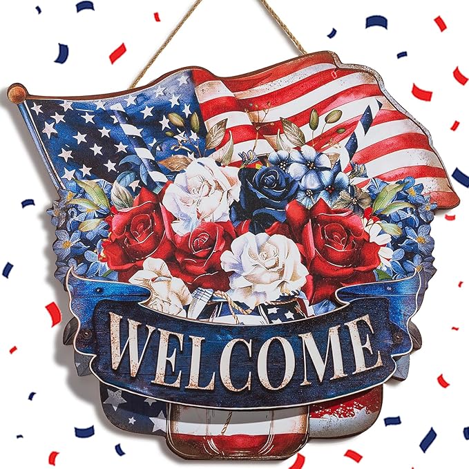 4th of July Decorations for Door: Fourth July Memorial Day Sign Patriotic Wreath Outdoor 12" Red White and Blue Decor Metal 250 Anniversary USA Large Wall Hanging Independence Vintage for Outside Indoor
