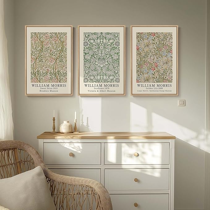Framed William Morris Canvas Wall Art for Living Room, 3 Piece Large Vintage Sage Green Artwork for Walls Nature Floral Botanical Picture Prints for Bedroom, Hallway, Home Office Wall Decor, 16x24