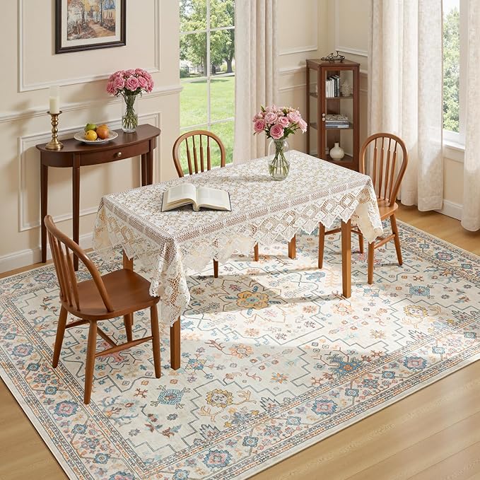 Lessymo Living Room Rug 5x7, Washable Area Rug for Bedroom Dinning Nursery Room Office, Boho Faux Wool Soft Non-Slip Carpet Pets Friendly, Vintage Floral Colorful Pastel Decor, Multi/Ivory