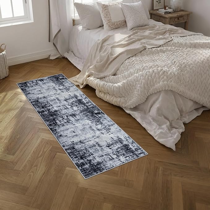 2'x6' Runner Rug Washable Rug: Modern Abstract Soft Thin Runner Rug Dark Black