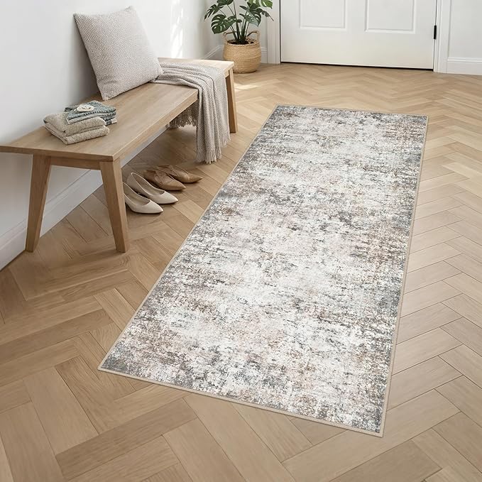 Washable Area Rug 3x8 Entryway Rug: Washable Modern Abstract Soft Thin Rug Indoor Floor No Slip Stain Resistant Carpet for Bedroom Dining Room Farmhouse Nursery Home Office - Brown Grey