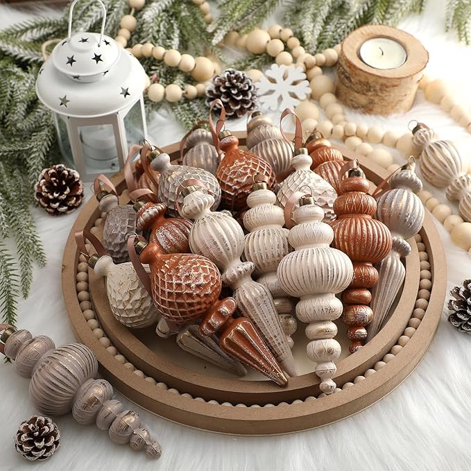 Yunlly 9 Pcs Neutral Christmas Ornaments Textured Christmas Tree Decor with Hanging Loop Modern Brown Hanging Finial Ornaments Shatterproof Home Decor for Xmas Vintage Rustic Farmhouse (Coffee Color)