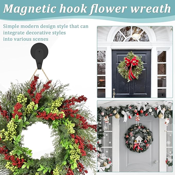 YUANQIAN Magnetic Wreath Hangers for Front Door, 2-Pack Heavy Duty Magnetic Wreath Hooks for Metal Doors and Glass, No Drilling, No Adhesive, Indoor Outdoor Seasonal Decor, Reusable Holder, Black