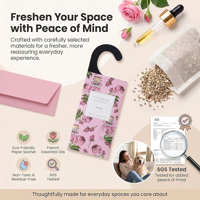ROSE COTTAGE Large 12 Packs Rose Hanging Closet Deodorizer Air Freshener Long Lasting Scented Sachets Smell Goods for House