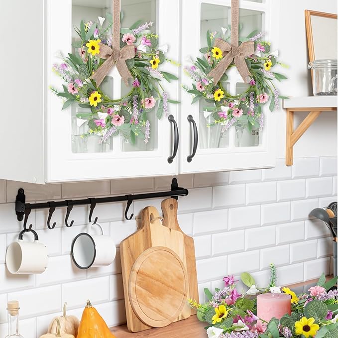 12 Pcs 3inch Spring Summer Artificial Flowered Wreath Mini Floral Wedding Candle Rings Wreaths Kitchen Cabinet Swags Wreath Pillar Candle Holder for Wedding Spring Summer Home Door Tabletop Decoration