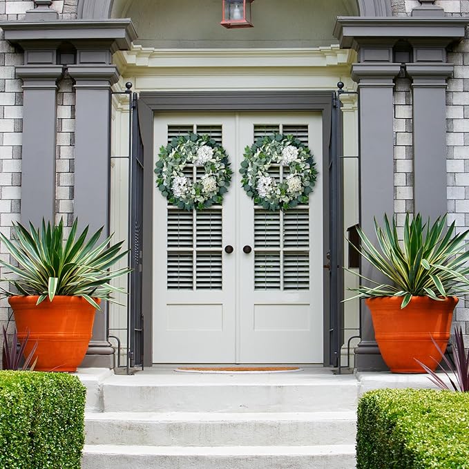 Spring Summer Wreaths for Front Door Porch, 22" Hydrangea Eucalyptus Wreath for Indoor Outdoor All Seasons, Artificial Greenery Farmhouse Decor for Mother's Day