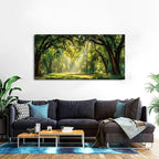 Green Forest Wall Art Panoramic Woodland Landscape Canvas Pictures Nature Wall Decor Sunrise Sunlight Trees Scenery Poster Living Room Bedroom Office Hallway Cabin Lodge Home Decoration 29.53x 57.87"