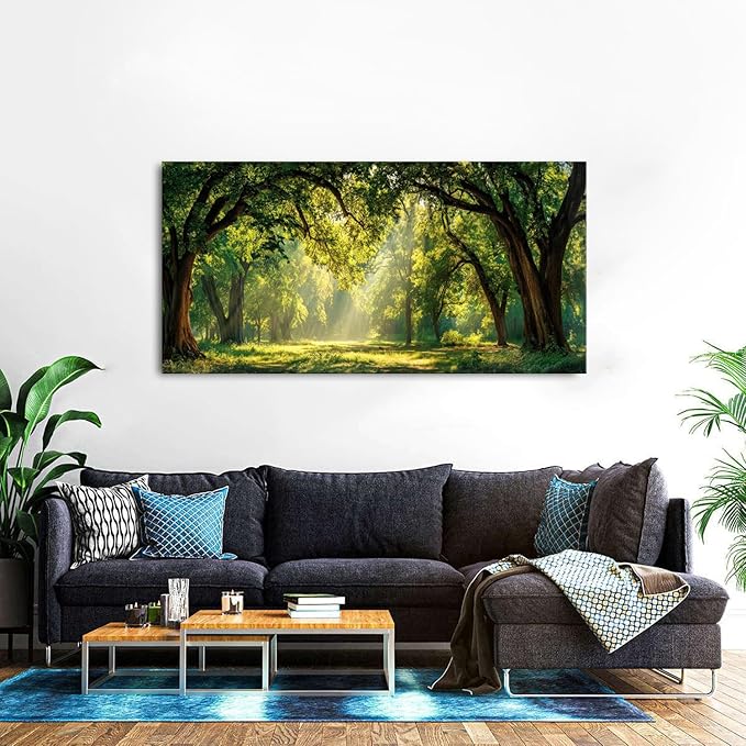 Green Forest Wall Art Panoramic Woodland Landscape Canvas Pictures Nature Wall Decor Sunrise Sunlight Trees Scenery Poster Living Room Bedroom Office Hallway Cabin Lodge Home Decoration 29.53x 57.87"