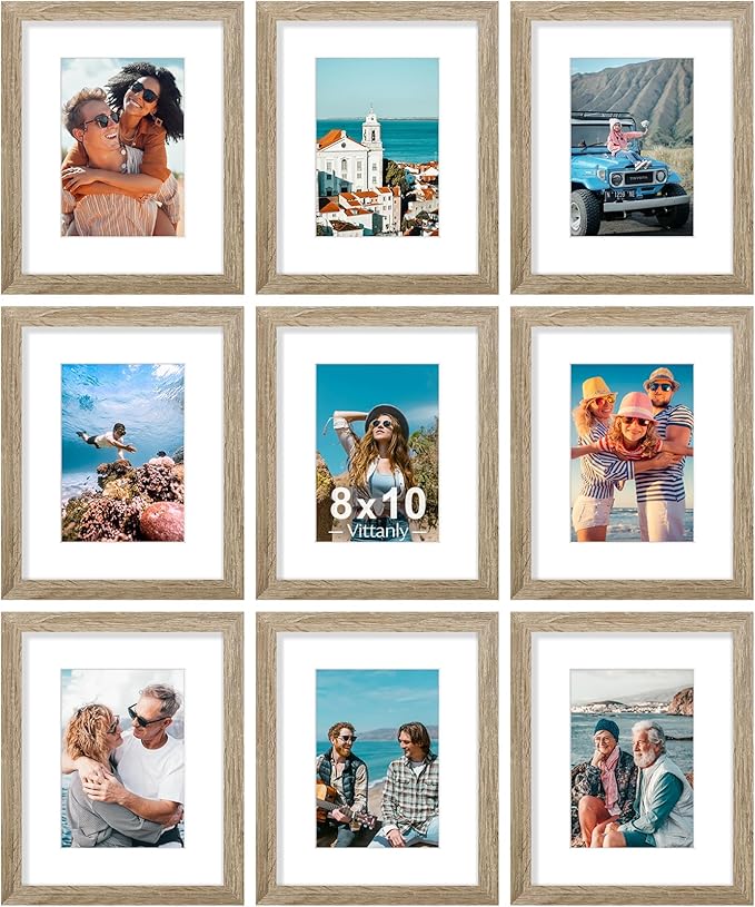 Vittanly 8x10 Picture Frames Set of 9, Shatter Resistant Plexiglass, Display 5x7 Pictures with Mat or 8x10 without Mat, Photo Frames for Wall or Tabletop, Engineered Wood, Light Wood