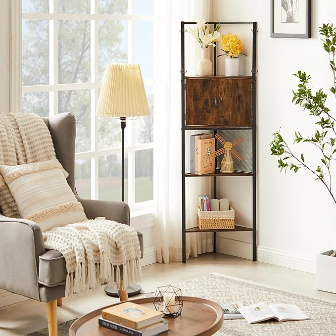 VECELO 4 Tier Corner Cabinet, 59" Tall Standing Organizer with 4 Dual-Hooks, Rustic Brown Storage Rack, Narrow Bookshelf Display Shelves Rack for Wall Corner, Living Room, Kitchen, Bedroom, Office