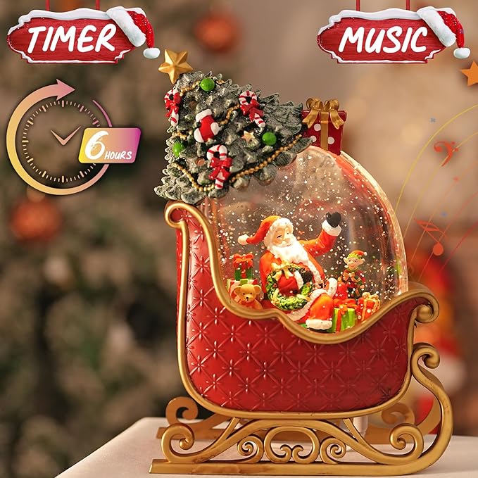Christmas Snow Globe with Santa's Sleigh Elk - Lighted Musical Snow Globe Christmas Decorations with Timer, Swirling Glitter, Battery/USB Powered, Holiday Decor(Santa Claus Sleigh)