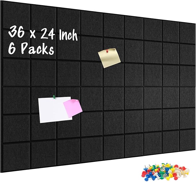 DOLLAR BOSS Felt Cork Board Tiles, 6 Packs 12" x 12" 1/2" Thick Bulletin Board Adhesive Acoustic Panels Soundproof Corkboards for Walls with 60 Pushpins for Home Office Kitchen School, Grid
