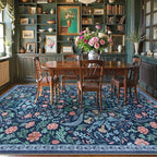 Moynesa Floral Washable Rug, Boho 5x7 Area Rugs for Living Room, Non Slip Large Dining Room Rug Under Table, Botanical Ultra Thin Floor Carpet for Bedroom Home Office, Blue