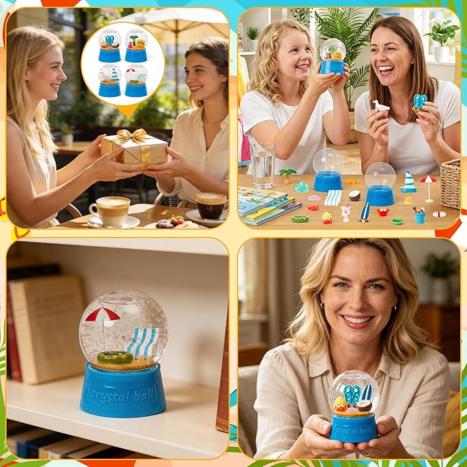 Summer Snow Globes Craft Kit - 8 Set DIY Plastic Snow Globe Craft with Mini Resin Coconut Trees, Make Your Own Party Favor Decor with Glitter for Classroom Activity Gift (Beach)