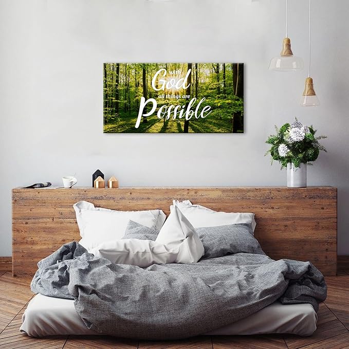 Christian Wall Decor Bible Verse Wall Art With God All Things are Possible Wall Decor Nature Sunrise Forest Painting Religious Canvas Prints Artwork for Living Room Bedroom Home Decoration 20x40"