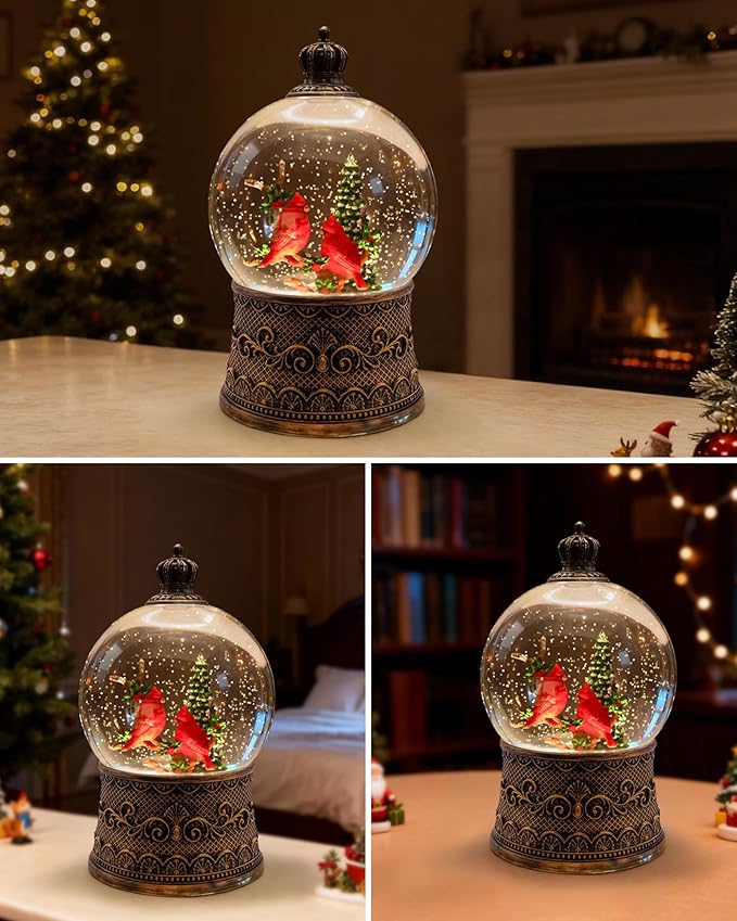 Christmas Cardinal Snow Globe Light up Lantern with 8 Songs, 6.99" Christmas Snow Globes for Kids Adults, 6H Timer & Dual Power, Snowglobes Christmas Decorations Indoor, Gifts for Women Men