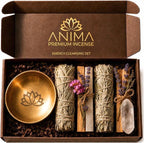 Anima Premium Energy Cleansing Set – White Sage Smudge Sticks, Palo Santo Sticks, Clear Quartz & Selenite Crystal with Smudge Bowl for Crystals & Home Cleansing, Meditation & Manifestation