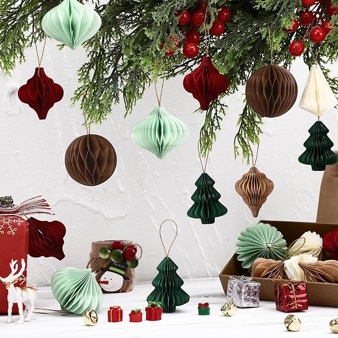 Soulchen 24 Pcs Christmas Paper Honeycomb Ornaments 3D Mini Honeycombs Lantern Vintage Christmas Hanging Ornaments Party Decorations for Xmas Tree Home New Year Decor