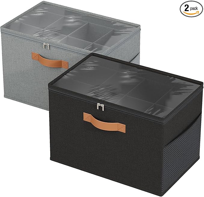 2 Pack Shoe Organizer for Closet,Foldable Shoe Storage Organizer with Adjustable Dividers, Shoe Storage Box with Clear Cover, Fits up to 16 Pairs,Black & Gray