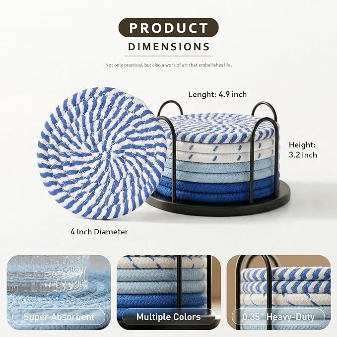 Lazebox Coasters Set of 8 for Drinks, 4 Inch Large Coasters for Coffee Table, Tabletop Protection for Hot & Cold Drinks, Versatile Coasters for Home Decor, Non-Slip & Easy to Clean, Sky Blue