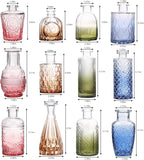 CUCUMI 12 Pack Colorful Glass Bud Vases, Small Colored Vintage Vases for Centerpieces, Decorative Flower Vases for Wedding Home Table Decor(Amber, Blue, Green, Pink)