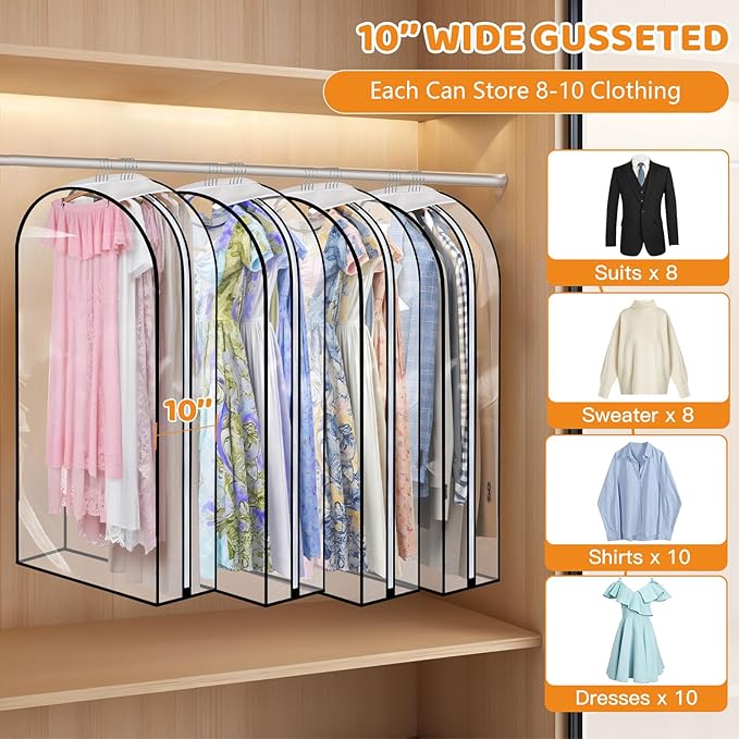4 Pack Clear Garment Bags with Side Zipper, 60" Clothes Covers with 10" Gusset, Transparent Hanging Suit & Coat Covers for Closet Storage, Jackets, Dresses, Windbreakers