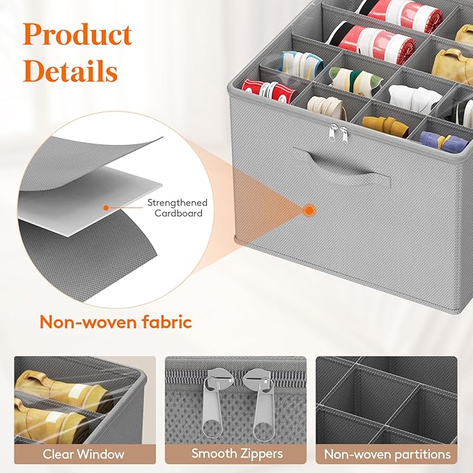 Lifewit Shoe Storage Organizer for Closet, Fabric Large Shoe Box Storage Containers with Clear Cover, Foldable Bins for Boots Heels Sneakers Fits 24-32 Pairs (Each 12-16 Pairs) 2 Pack Light Gray