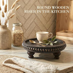 EOSAHR Rustic Round Pine Wooden Riser with Beaded for Home Decor - Decorative Tray for Farmhouse Decor Coffee Table - Pedestal Stand for Kitchen Counter Organizer & Cake Stand (Distressed Black)